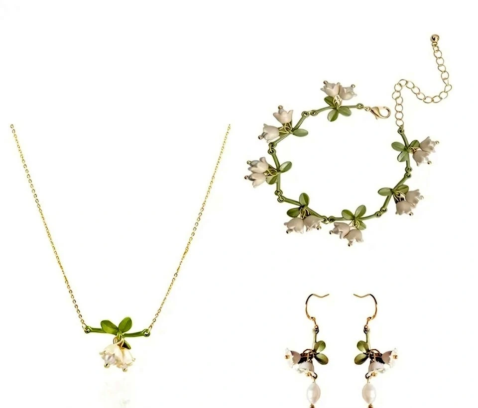 Lily of the Valley Flower Jewelry Set Necklace Bracelet Earrings