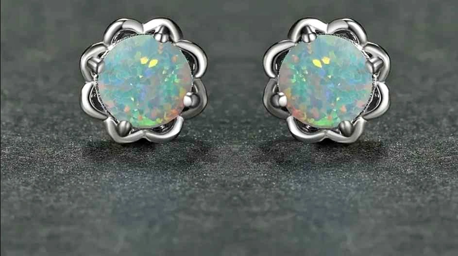 925 Sterling Silver Synthetic Opal Flower Stud Earrings 11mm