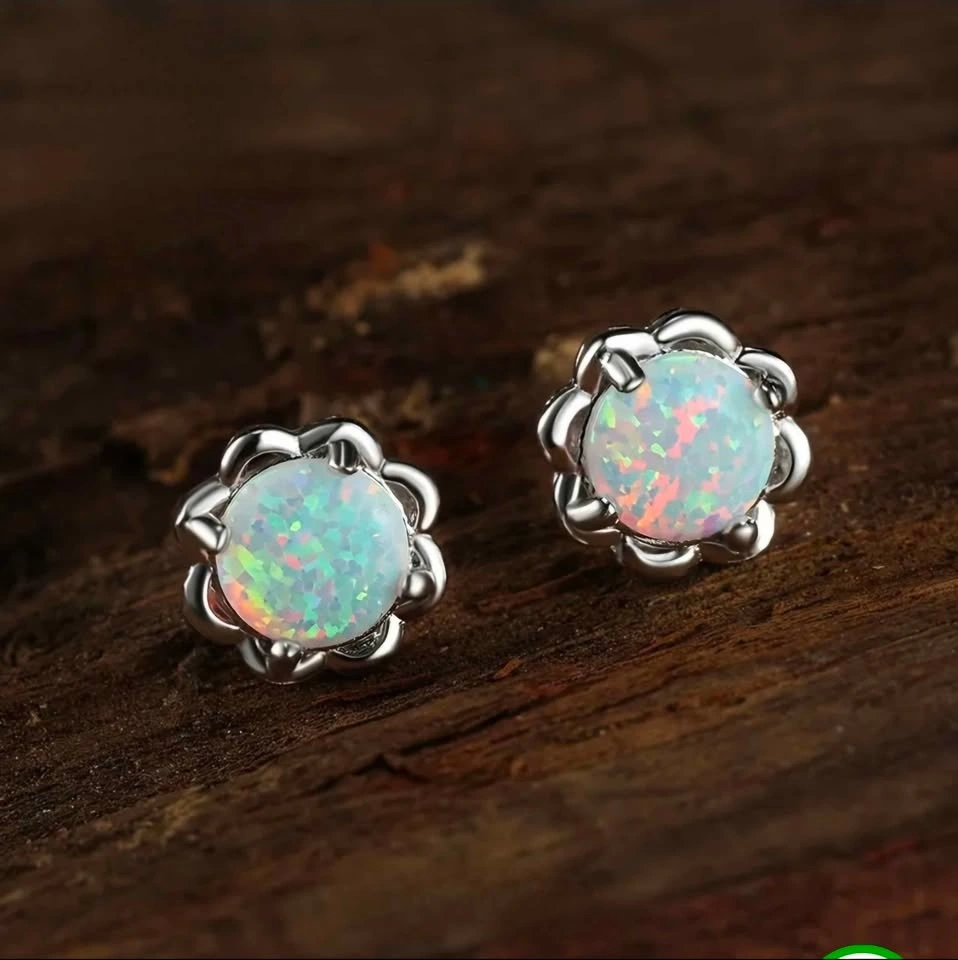 925 Sterling Silver Synthetic Opal Flower Stud Earrings 11mm - photo 3