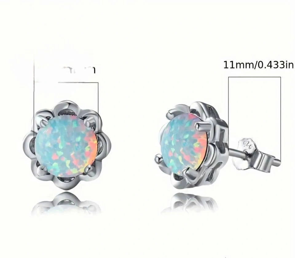 925 Sterling Silver Synthetic Opal Flower Stud Earrings 11mm - photo 4