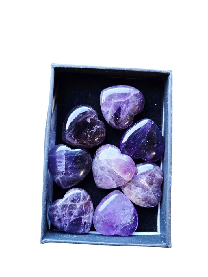 Amethyst Heart Set – 9 Polished Purple Crystal Hearts