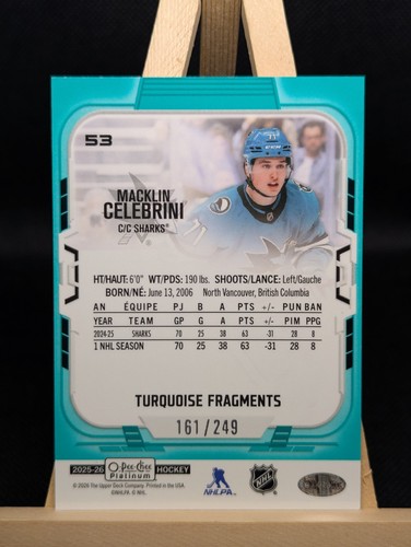 Macklin Celebrini 2025-26 O-Pee-Chee Platinum Turquoise Fragment - photo 2