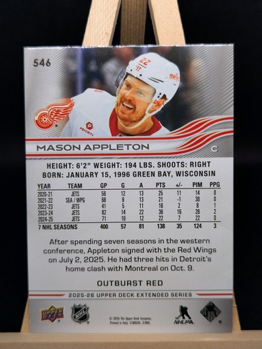 2025-26 UD Extended Series Red Outburst Mason Appleton #19/25 - photo 2