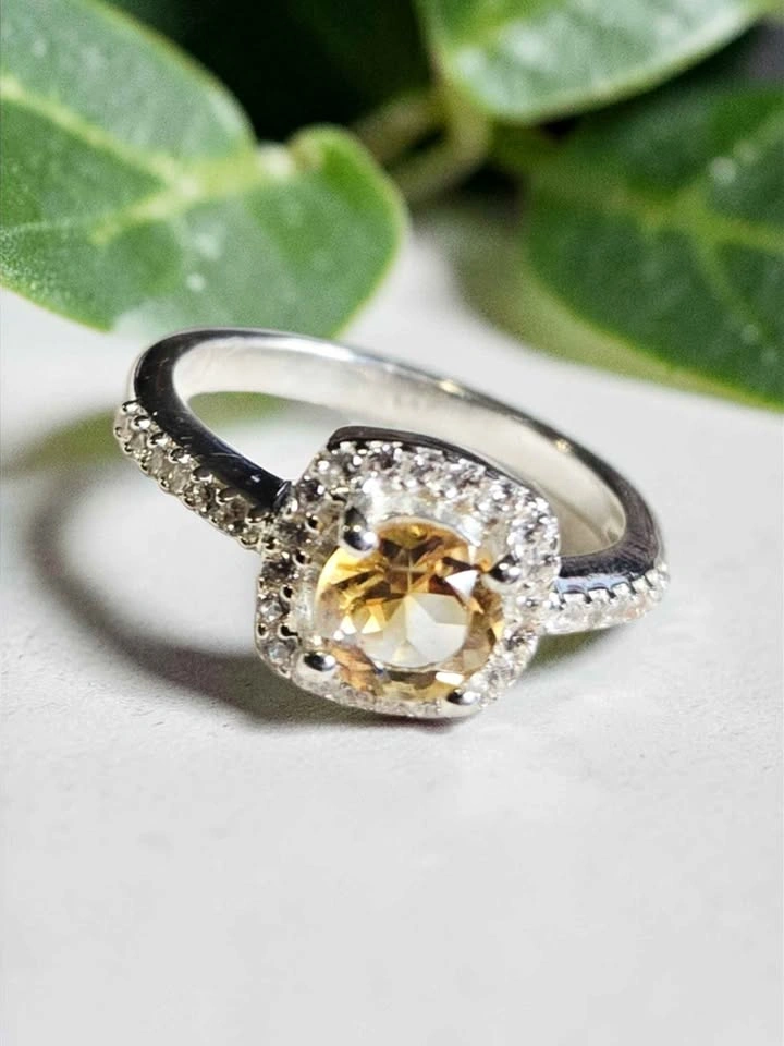 Citrine Halo Engagement Ring 925 Sterling Silver Size 7