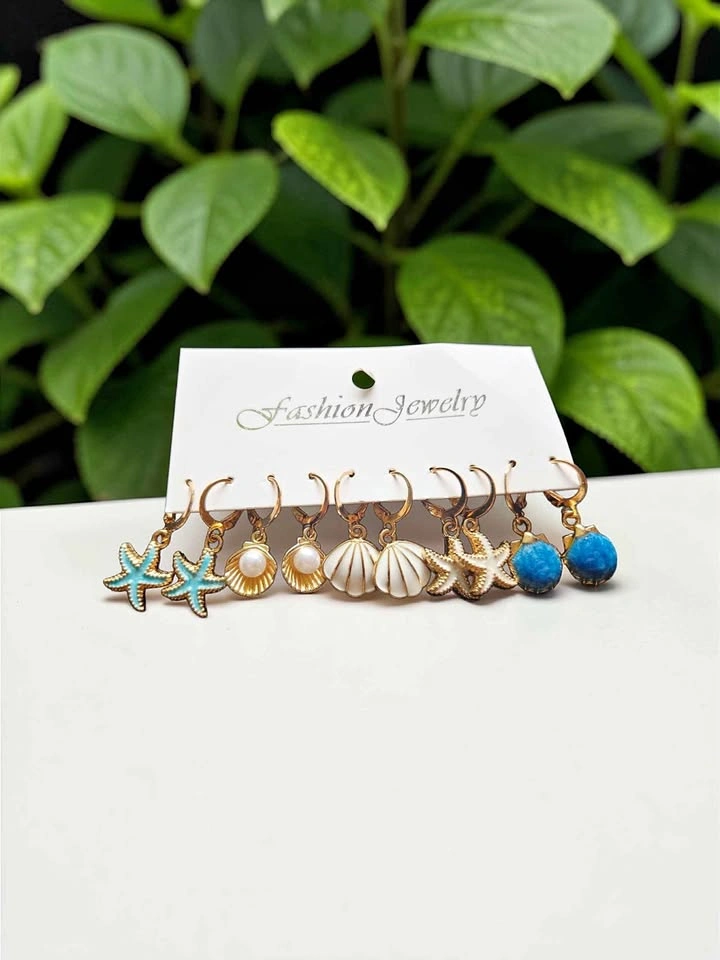 Ocean Theme Gold Hoop Earrings Set – Starfish Seashell Pearl