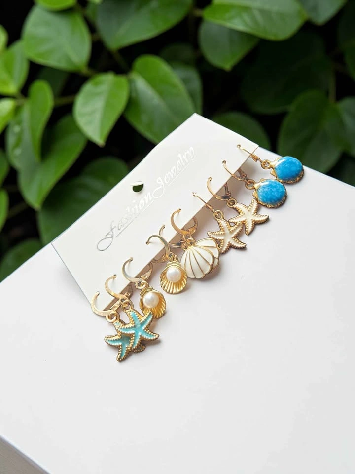 Ocean Theme Gold Hoop Earrings Set – Starfish Seashell Pearl - photo 2