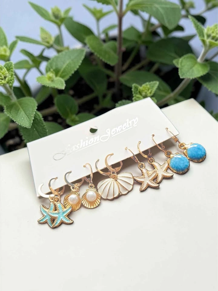 Ocean Theme Gold Hoop Earrings Set – Starfish Seashell Pearl - photo 3