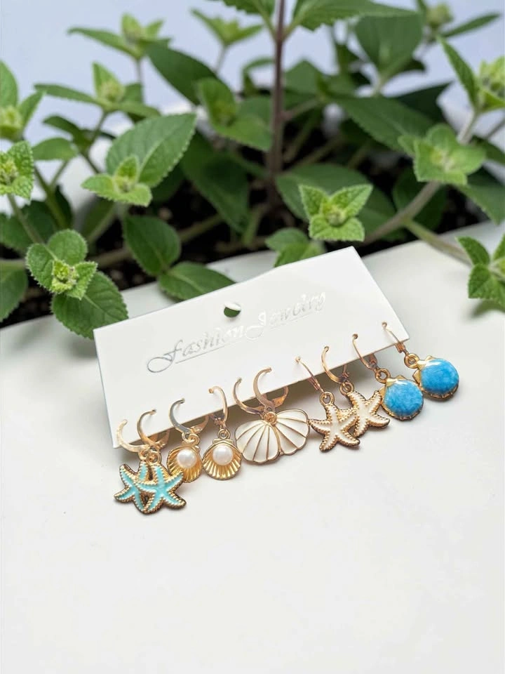 Ocean Theme Gold Hoop Earrings Set – Starfish Seashell Pearl - photo 4