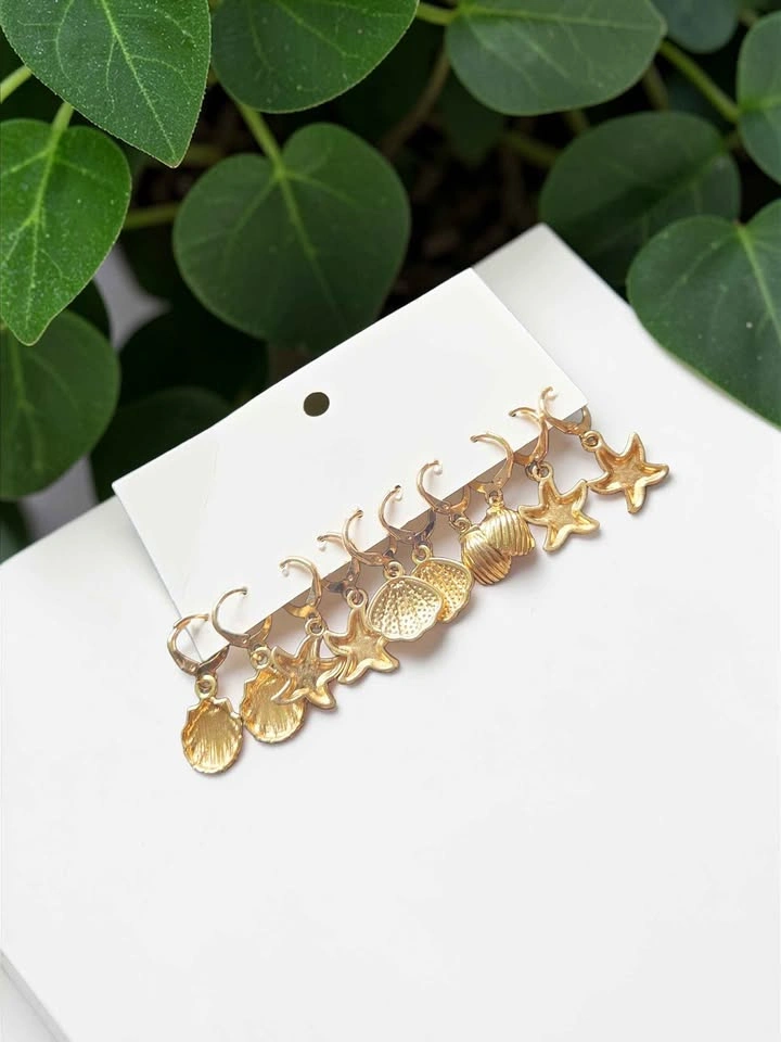 Ocean Theme Gold Hoop Earrings Set – Starfish Seashell Pearl - photo 5