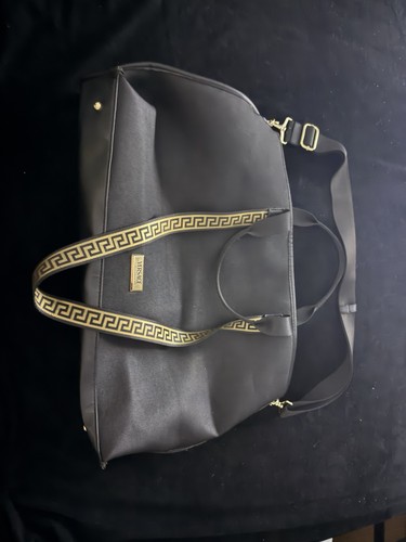 Versace Black Tote Bag Greek Key Strap Accents Zip w/ Detachable