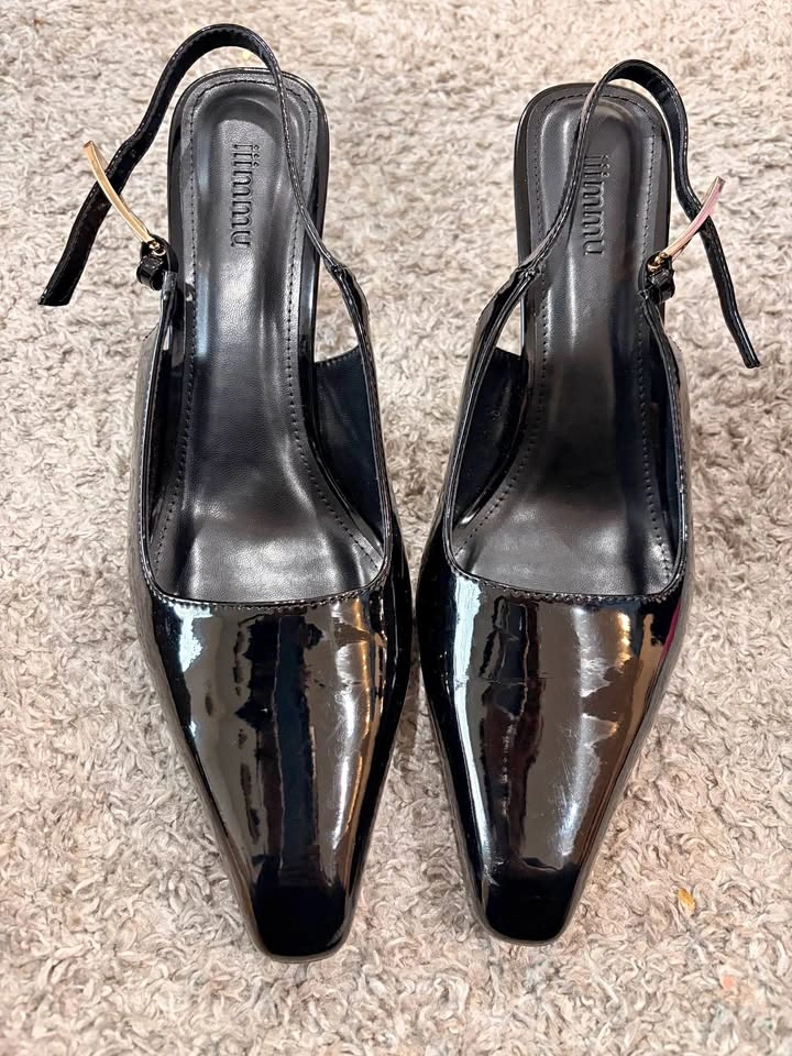 Black Leather Kitten Heel Slingback Pumps Size 10