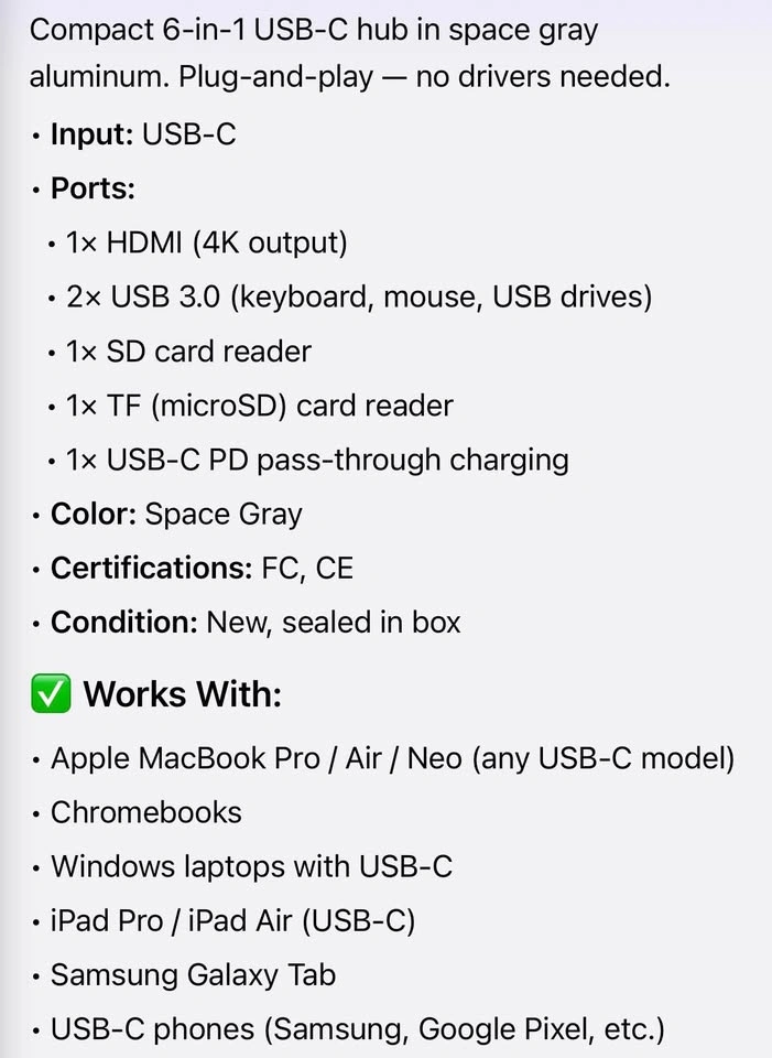 USB-C Hub 6in1 — HDMI 4K + USB + SD/TF + PD Charging - photo 4