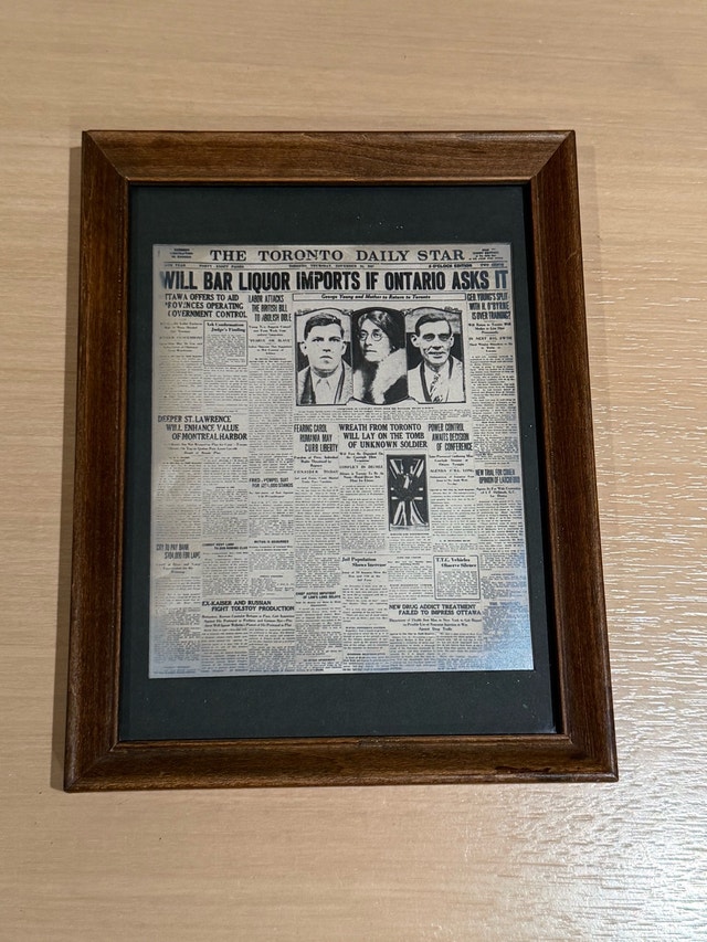 Framed Toronto Daily Star Newspaper Print - November 10, 1927