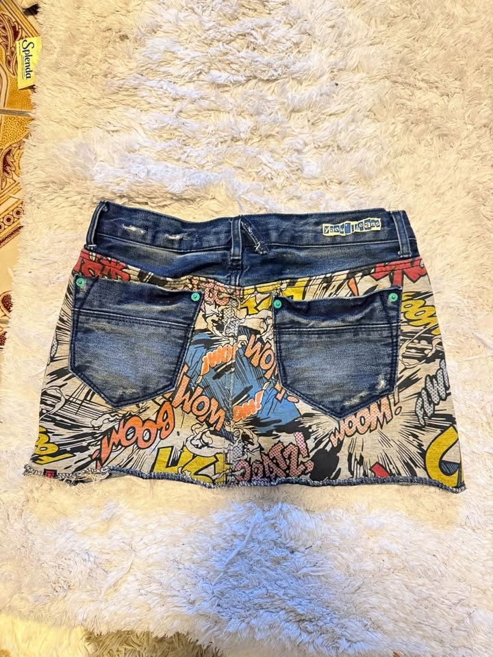 Comic Print Denim Mini Skirt