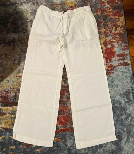 Merona Women's Pants L White Linen Solid Drawstring Elastic Wais
