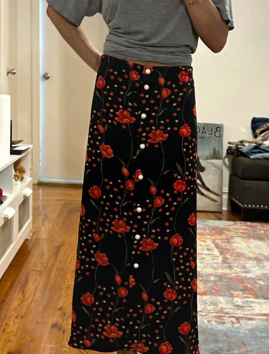 Women’s Black & Red Floral Maxi Skirt Size L