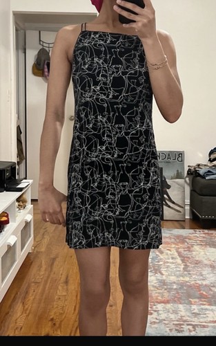 Women's Black/White Abstract Mini Dress Square Neck Strappy Cut