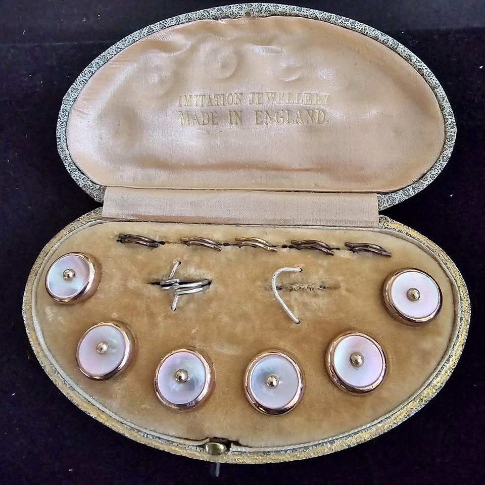 Antique Boxed Set Gilt and Mother of Pearl Dress Set