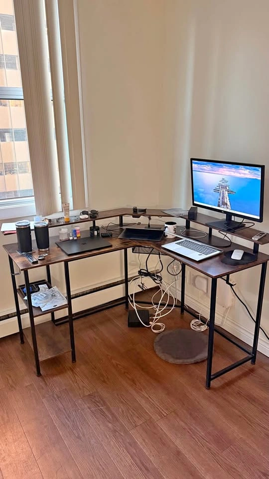 L-Shaped Corner Desk with Monitor Stand and Shelves
