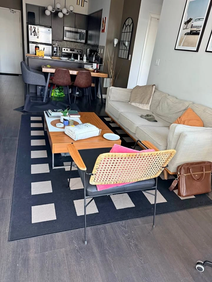 Large black and cream square pattern area rug (6 by 9)