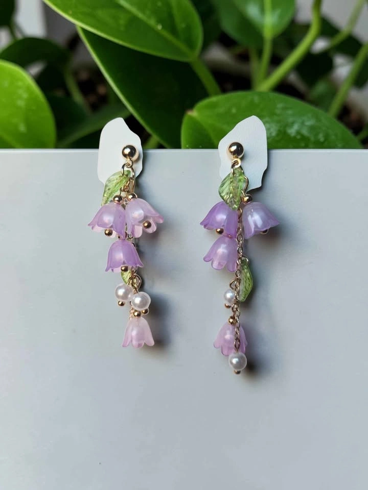 Lily of the Valley Drop Earrings Floral Cluster Pearl Beads - photo 2