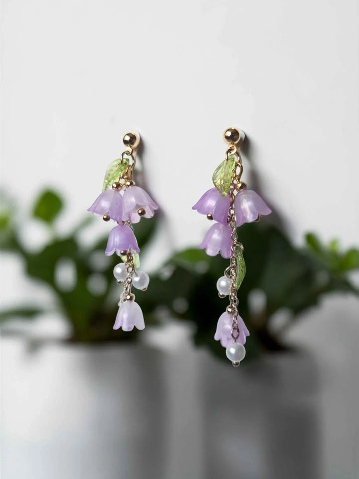 Lily of the Valley Drop Earrings Floral Cluster Pearl Beads - photo 4