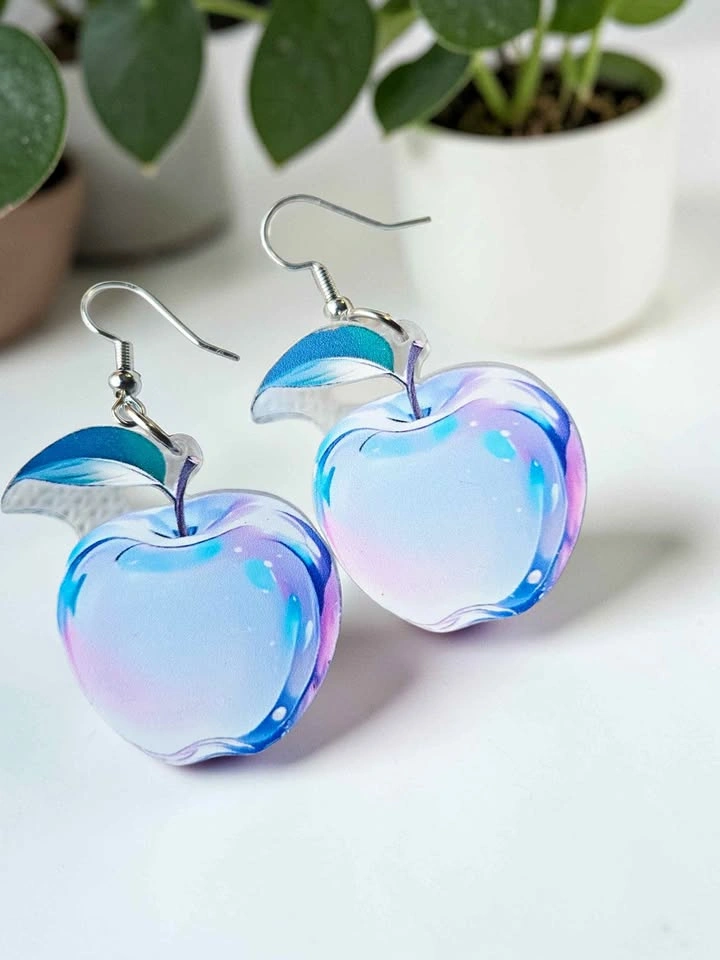 Holographic Apple Earrings – Iridescent Pastel Fruit Dangle Jewe