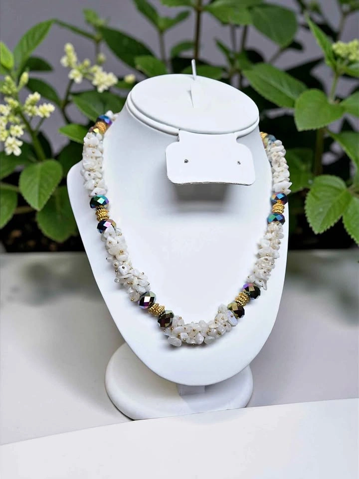 White Quartz Beaded Necklace Gold Accents Multicolor Crystal