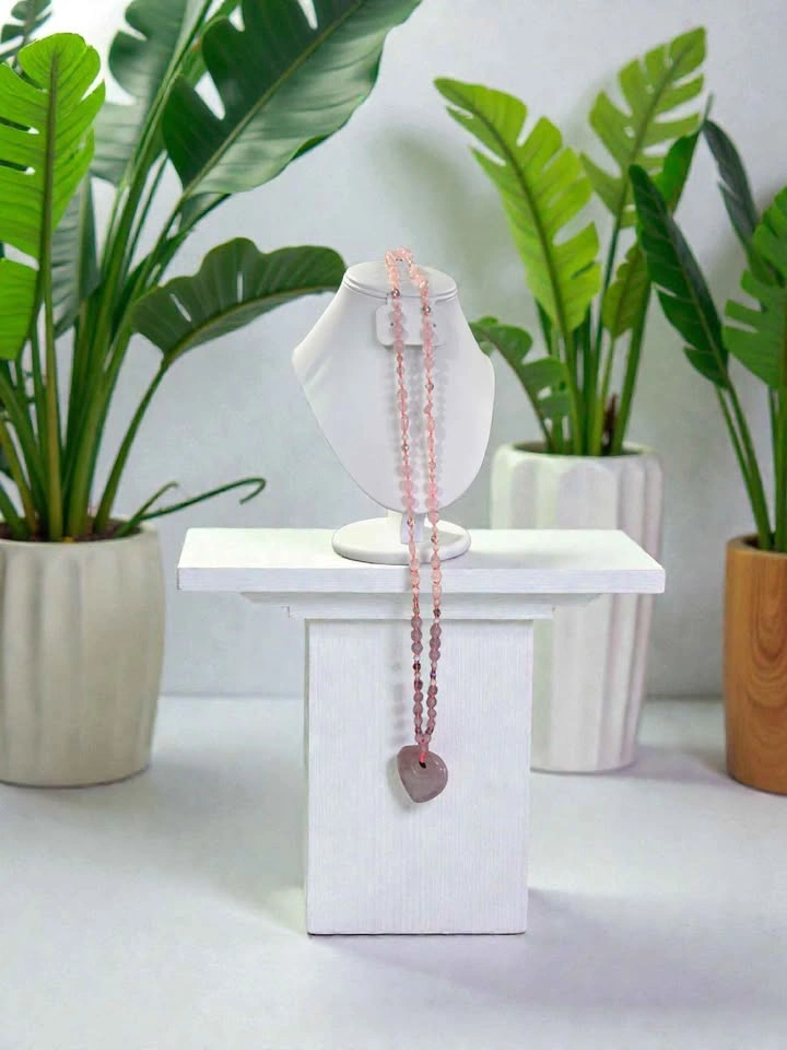 Rose Quartz Heart Pendant Necklace Pink Beaded Crystal Jewelry - photo 2
