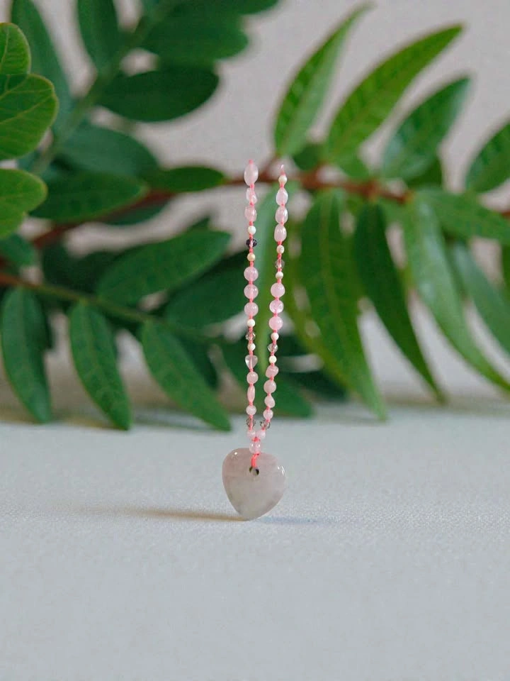 Rose Quartz Heart Pendant Necklace Pink Beaded Crystal Jewelry - photo 3