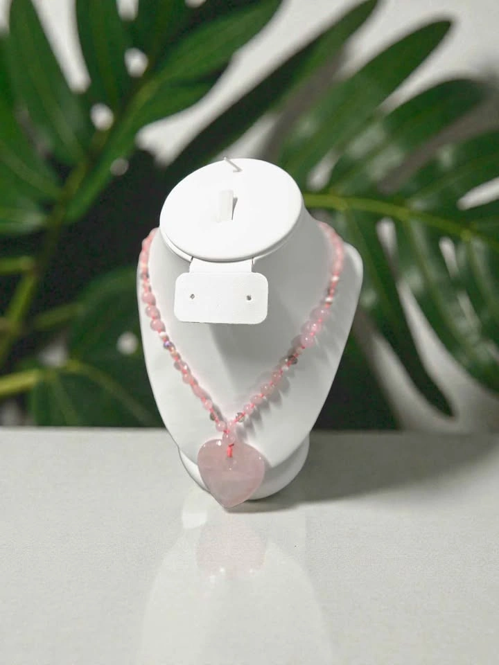 Rose Quartz Heart Pendant Necklace Pink Beaded Crystal Jewelry - photo 5
