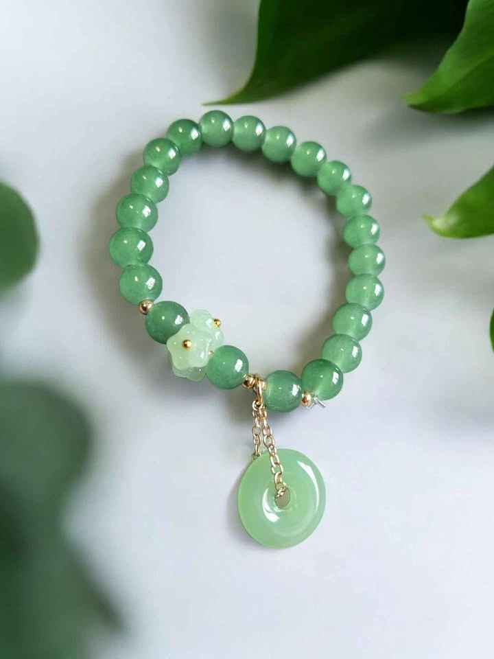 Green Beaded Bracelet w/ Flower Charm & Donut Pendant - photo 2