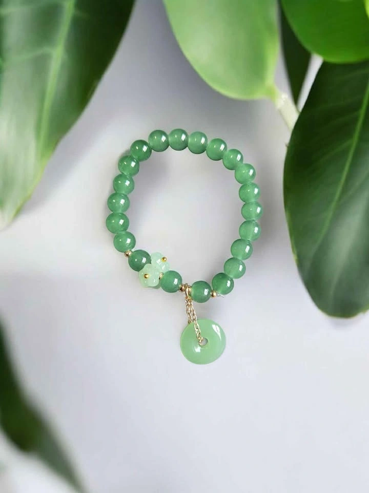 Green Beaded Bracelet w/ Flower Charm & Donut Pendant - photo 3
