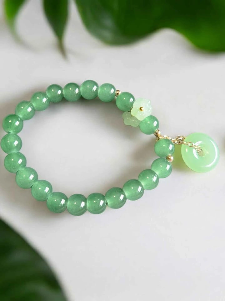 Green Beaded Bracelet w/ Flower Charm & Donut Pendant - photo 4