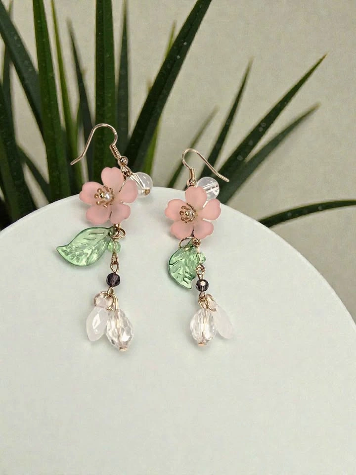 Pink Flower Dangle Earrings w/ Green Leaf Charms & Beads