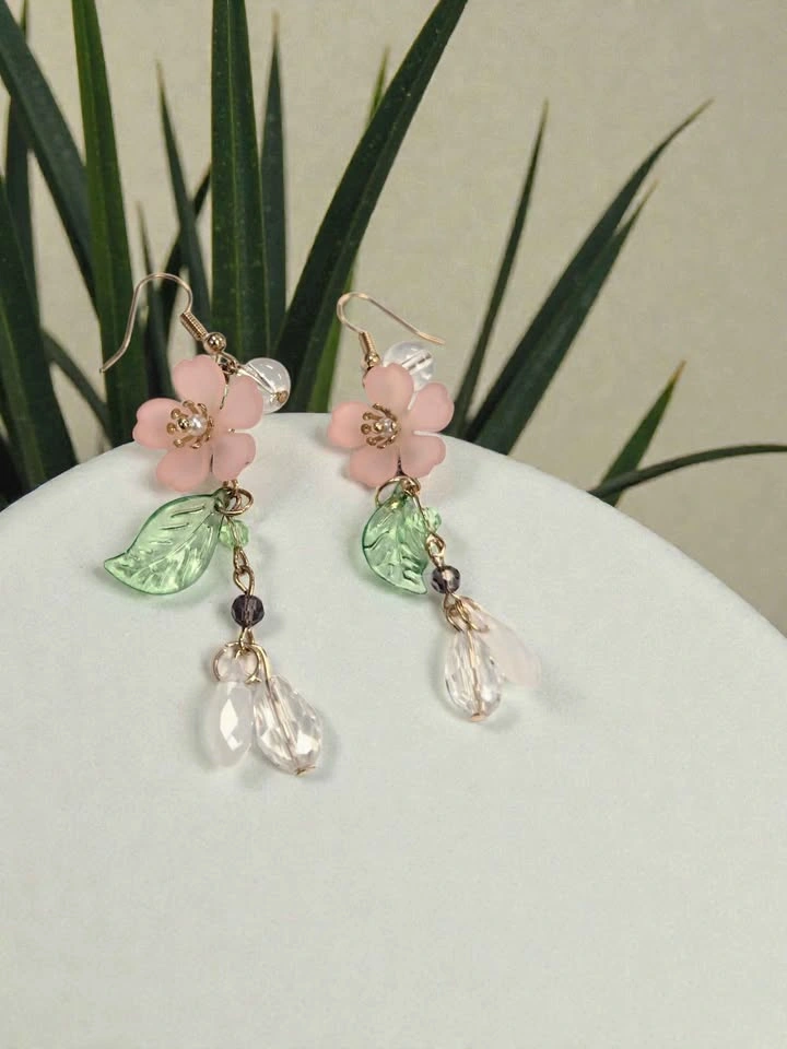 Pink Flower Dangle Earrings w/ Green Leaf Charms & Beads - photo 2