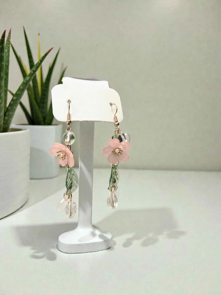 Pink Flower Dangle Earrings w/ Green Leaf Charms & Beads - photo 3