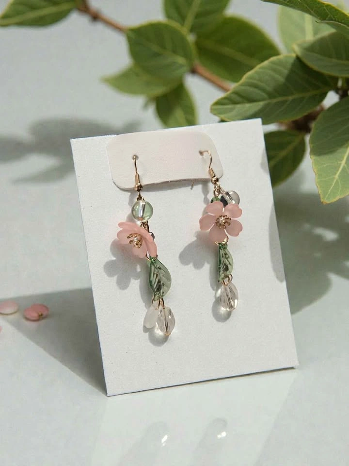 Pink Flower Dangle Earrings w/ Green Leaf Charms & Beads - photo 4