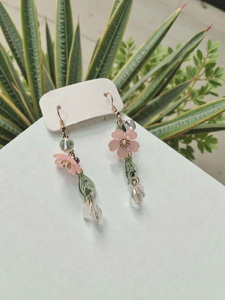 Pink Flower Dangle Earrings w/ Green Leaf Charms & Beads - photo 5