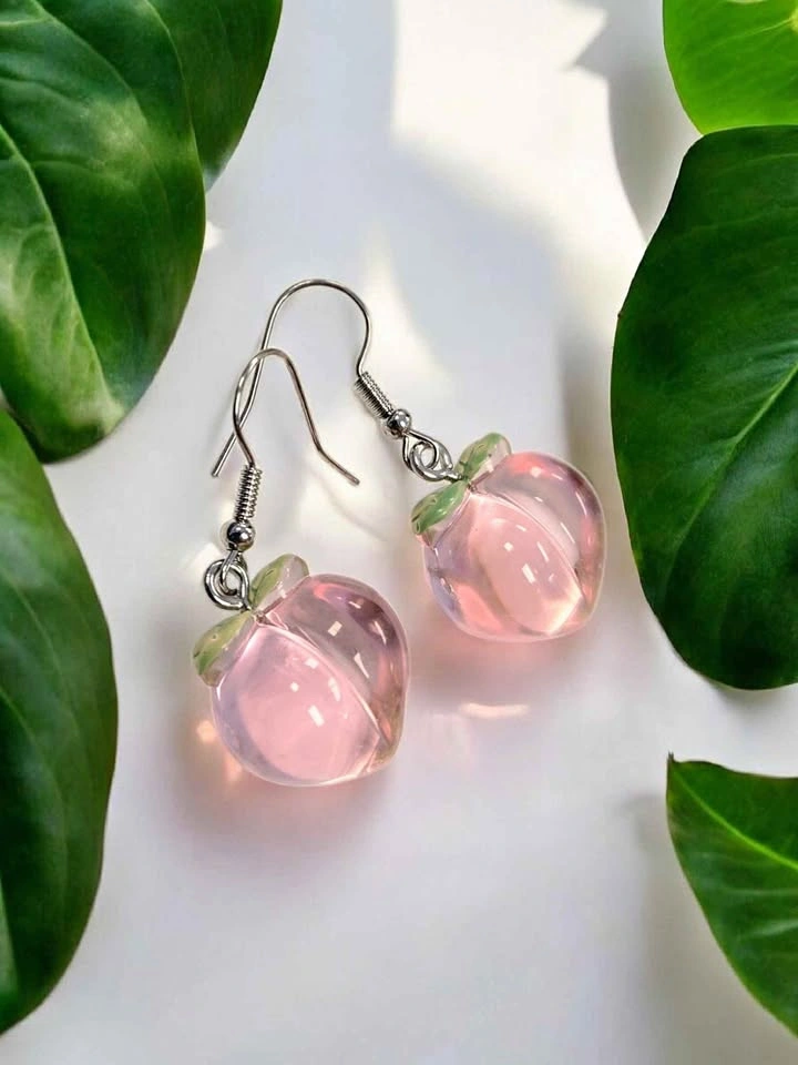 Peach Earrings Fruit Dangle Jewelry Pink Leaf Accent Cute Gift