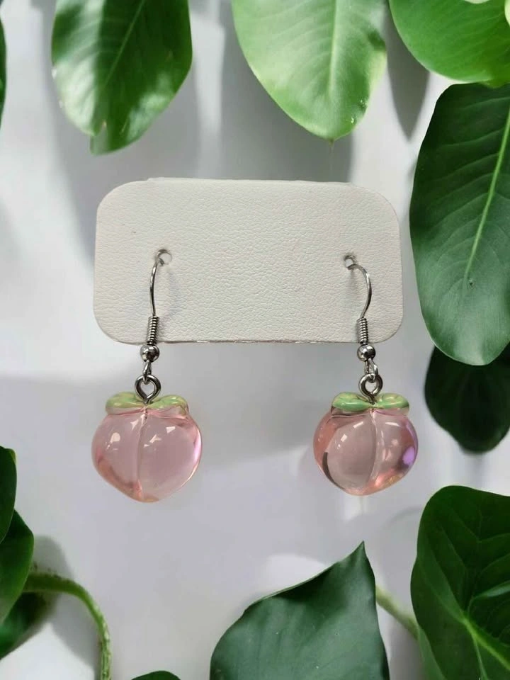 Peach Earrings Fruit Dangle Jewelry Pink Leaf Accent Cute Gift - photo 2