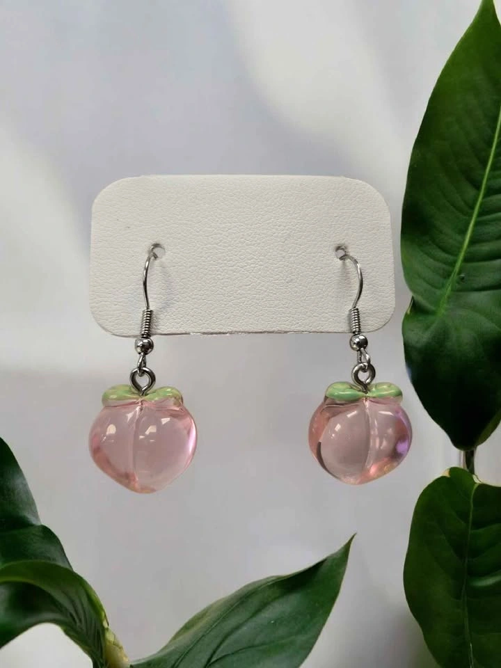 Peach Earrings Fruit Dangle Jewelry Pink Leaf Accent Cute Gift - photo 3