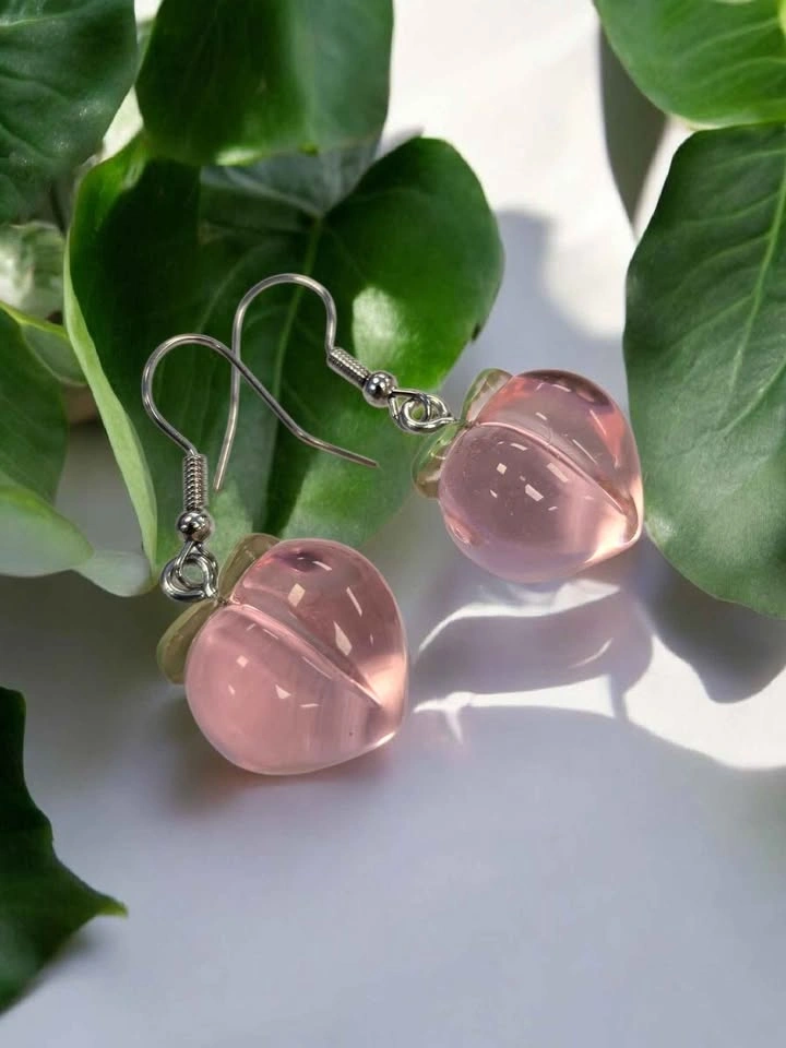 Peach Earrings Fruit Dangle Jewelry Pink Leaf Accent Cute Gift - photo 4