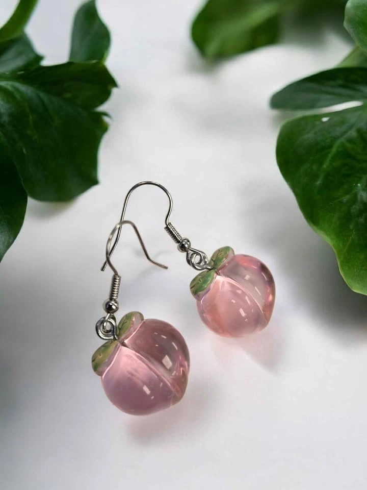 Peach Earrings Fruit Dangle Jewelry Pink Leaf Accent Cute Gift - photo 5
