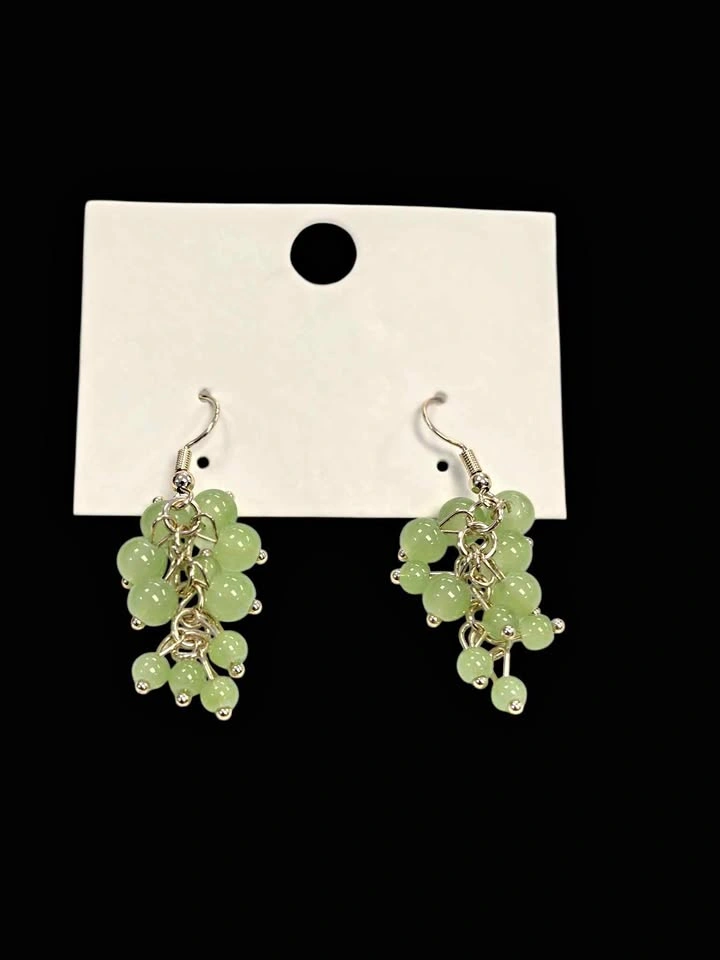 Green Grape Bead Cluster Earrings Gold Drop Style
