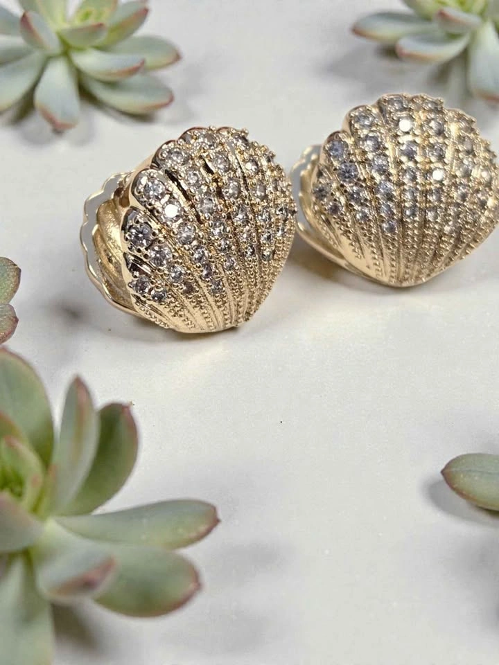 Sparkly Gold Seashell Earrings – Crystal Rhinestone Studs - photo 4