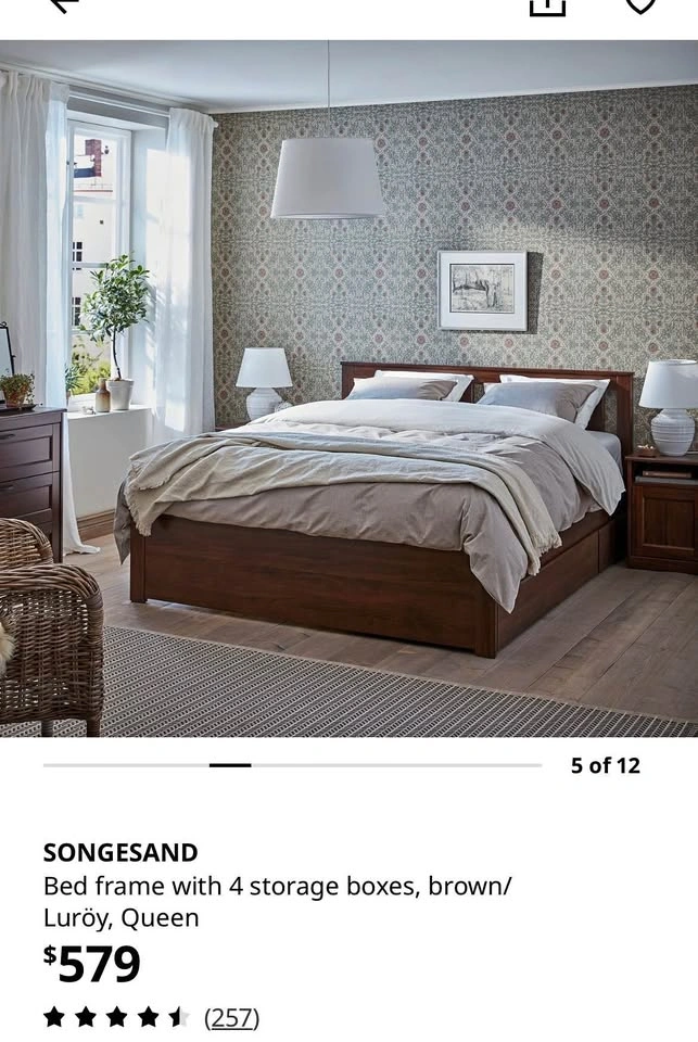 IKEA SONGESAND Queen Bed Frame with 4 Storage Boxes Brown