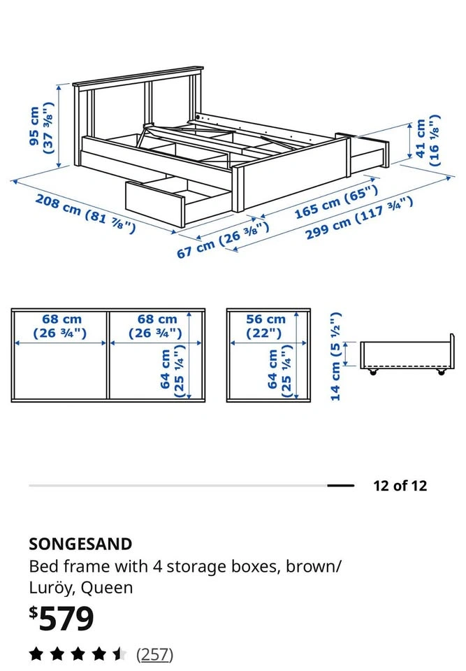 IKEA SONGESAND Queen Bed Frame with 4 Storage Boxes Brown - photo 4