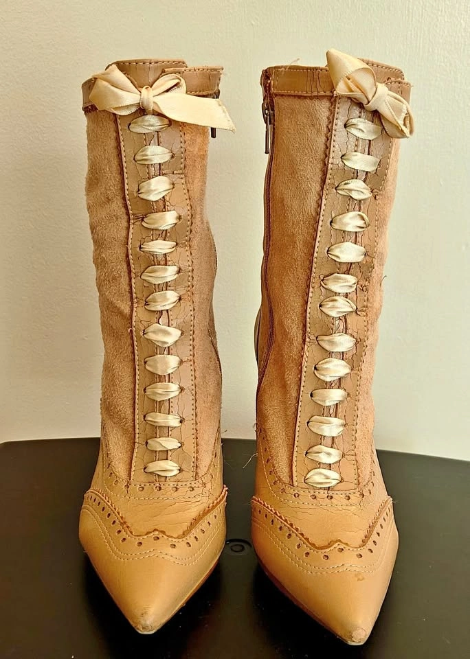 Tan Ribbon Lace-Up Stiletto Women Boots 5.5