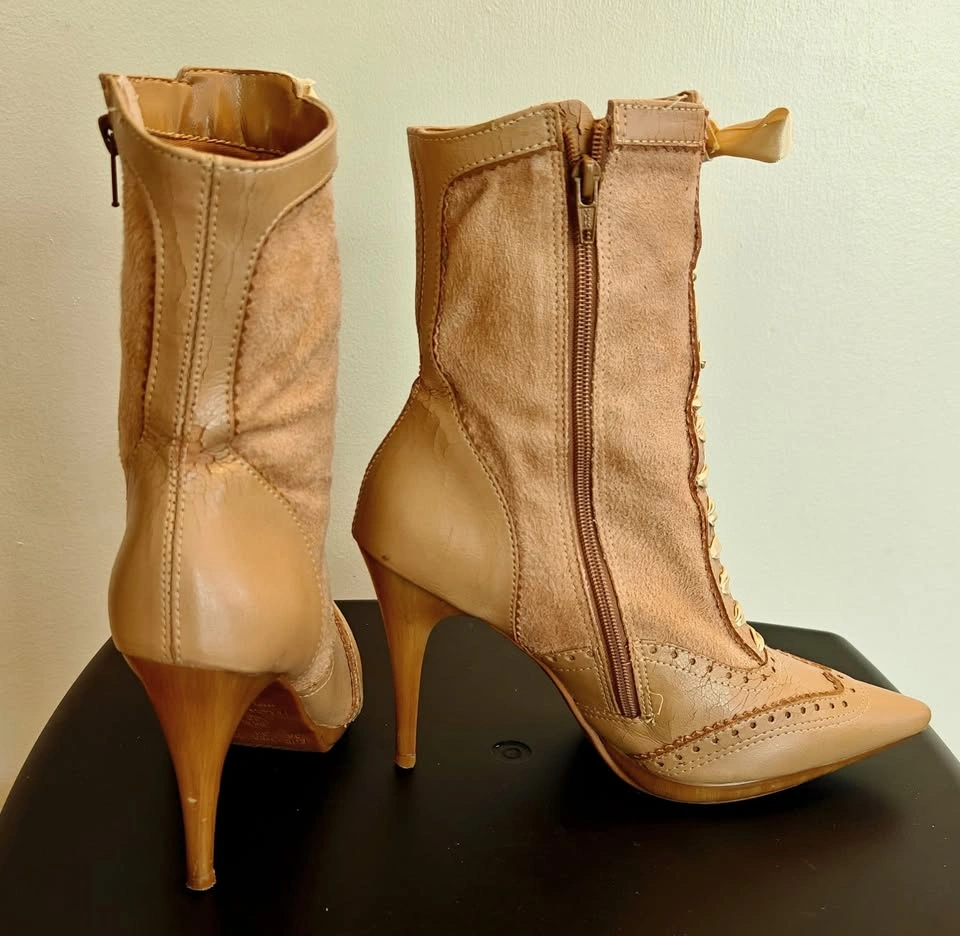 Tan Ribbon Lace-Up Stiletto Women Boots 5.5 - photo 2